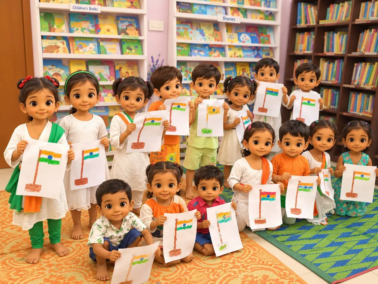 Children in a library proudly displaying hand-drawn paintings of the Indian national flag
