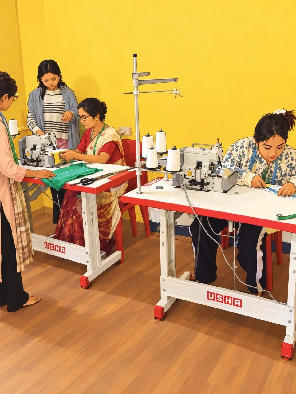 Women working at sewing machines in a tailoring training workshop
