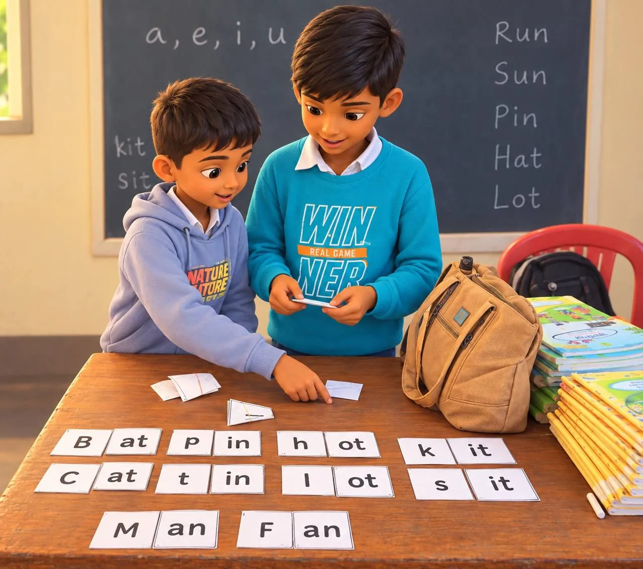 Two boys engaged in a phonics learning activity, building words from consonant-vowel-consonant cards