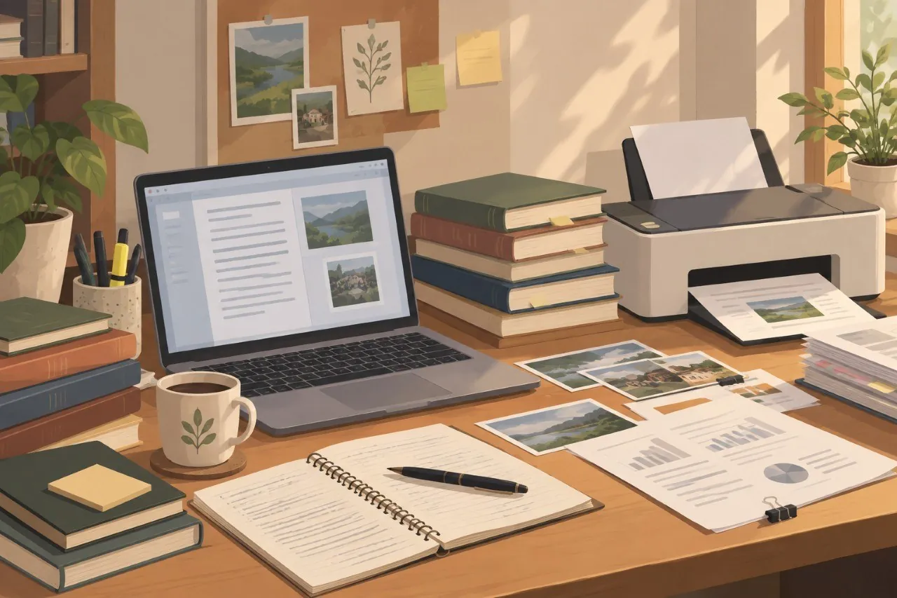 A sunlit home office workspace with laptop, notebook, books, and printed photographs