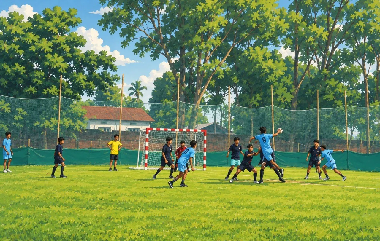 Young people playing football on a grass field surrounded by tall trees