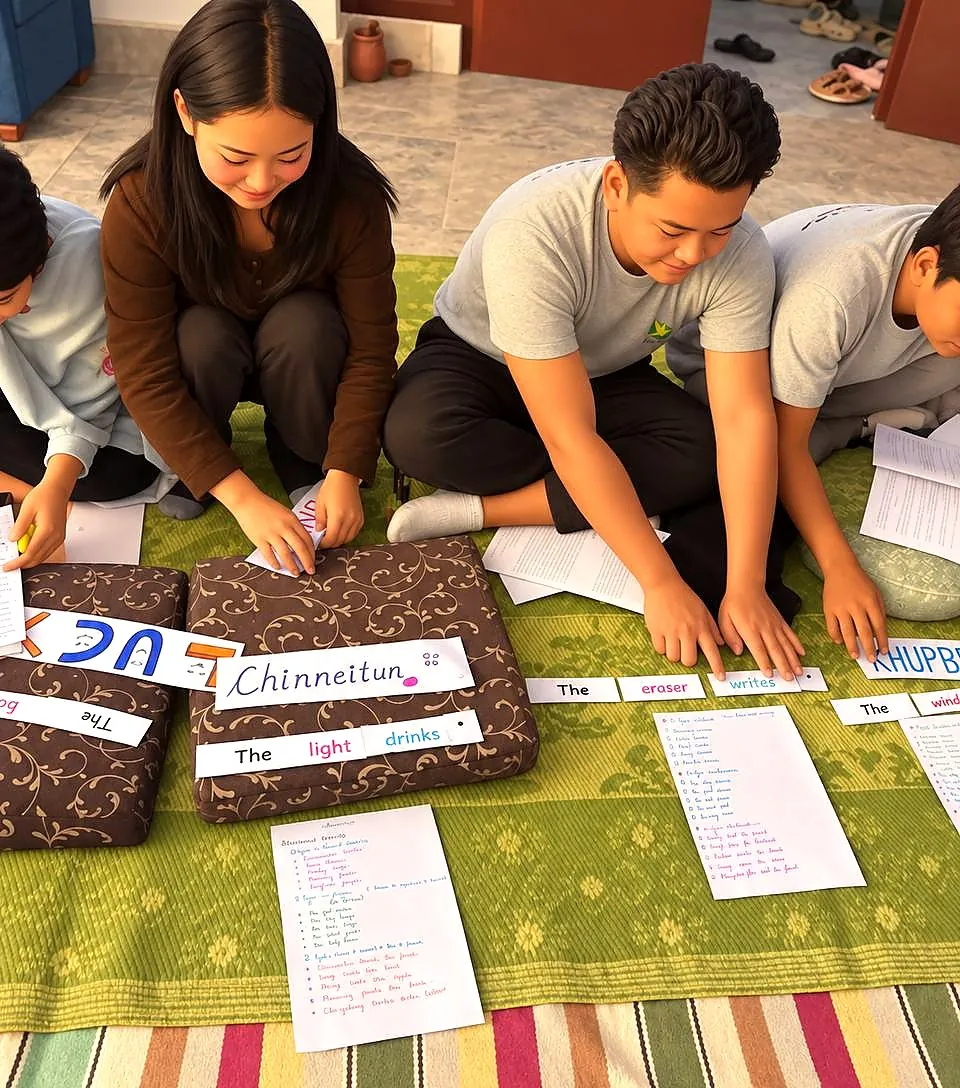 Educators engaged in a hands-on language learning activity with paper word strips