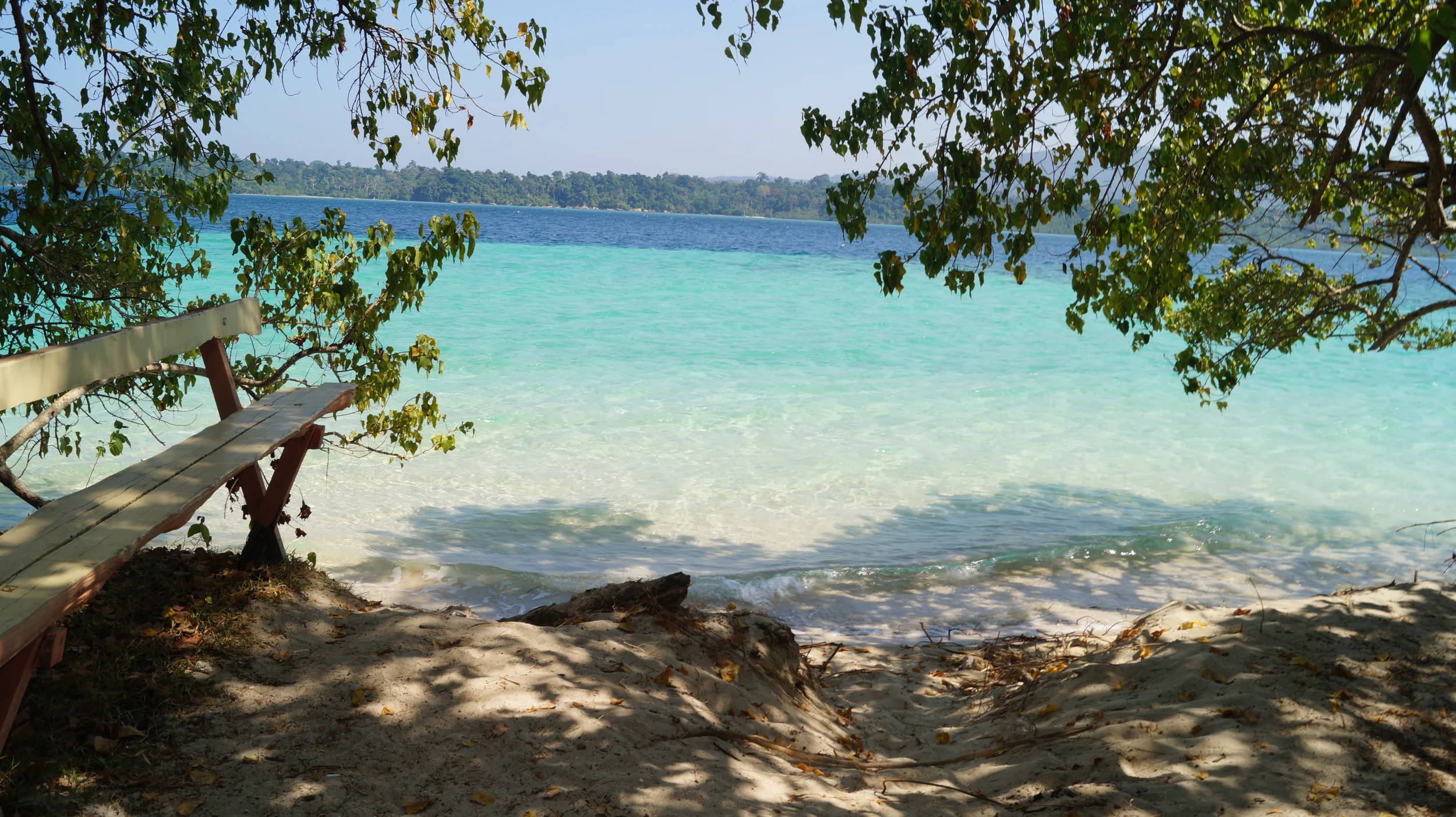 Clear shallow water and coral reef off Jolly Buoy Island in the Andamans